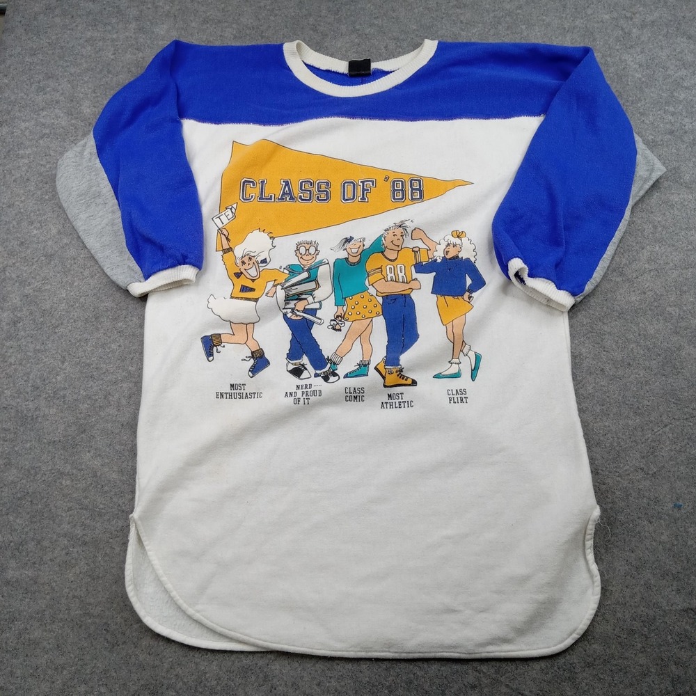 Vintage Sweatshirt Mens Large‎ Class 88 White Blue 3/4 Sleeve 80s School Novelty